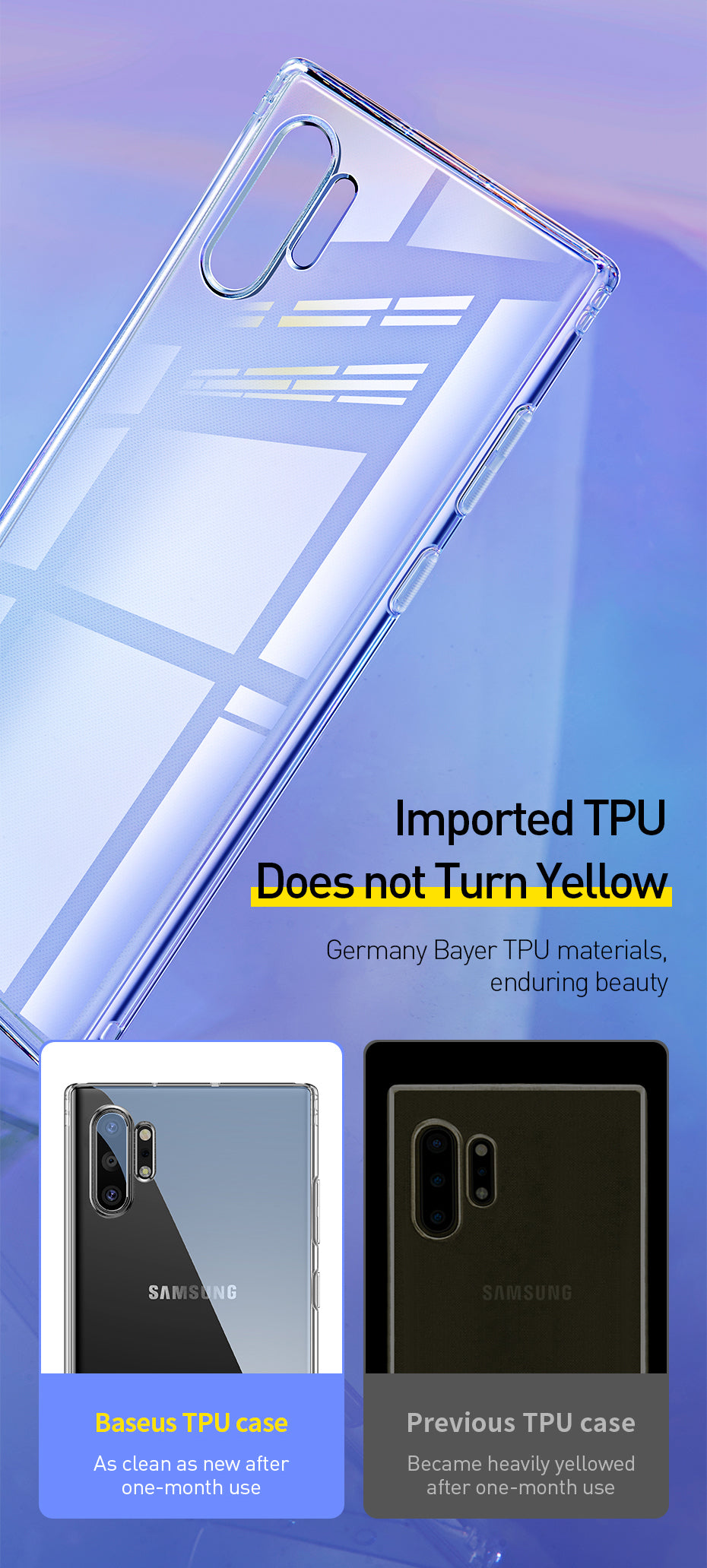 Transparent TPU case for Samsung Galaxy Note 10+ from Baseus Simple Series, designed for anti-fall protection and clear visibility.