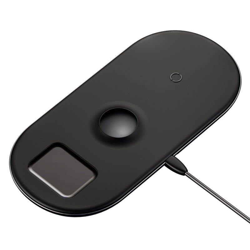 Black Baseus Smart 3-in-1 wireless charger for iPhone, Apple Watch, and AirPods, featuring multiple charging pads and sleek design.