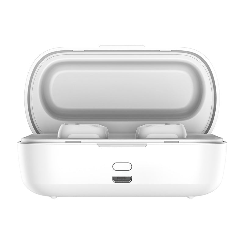 White Baseus W01 TWS Bluetooth 5.0 earphones with sweat resistance, 6-7 hours playback, and 2000mAh external charging box