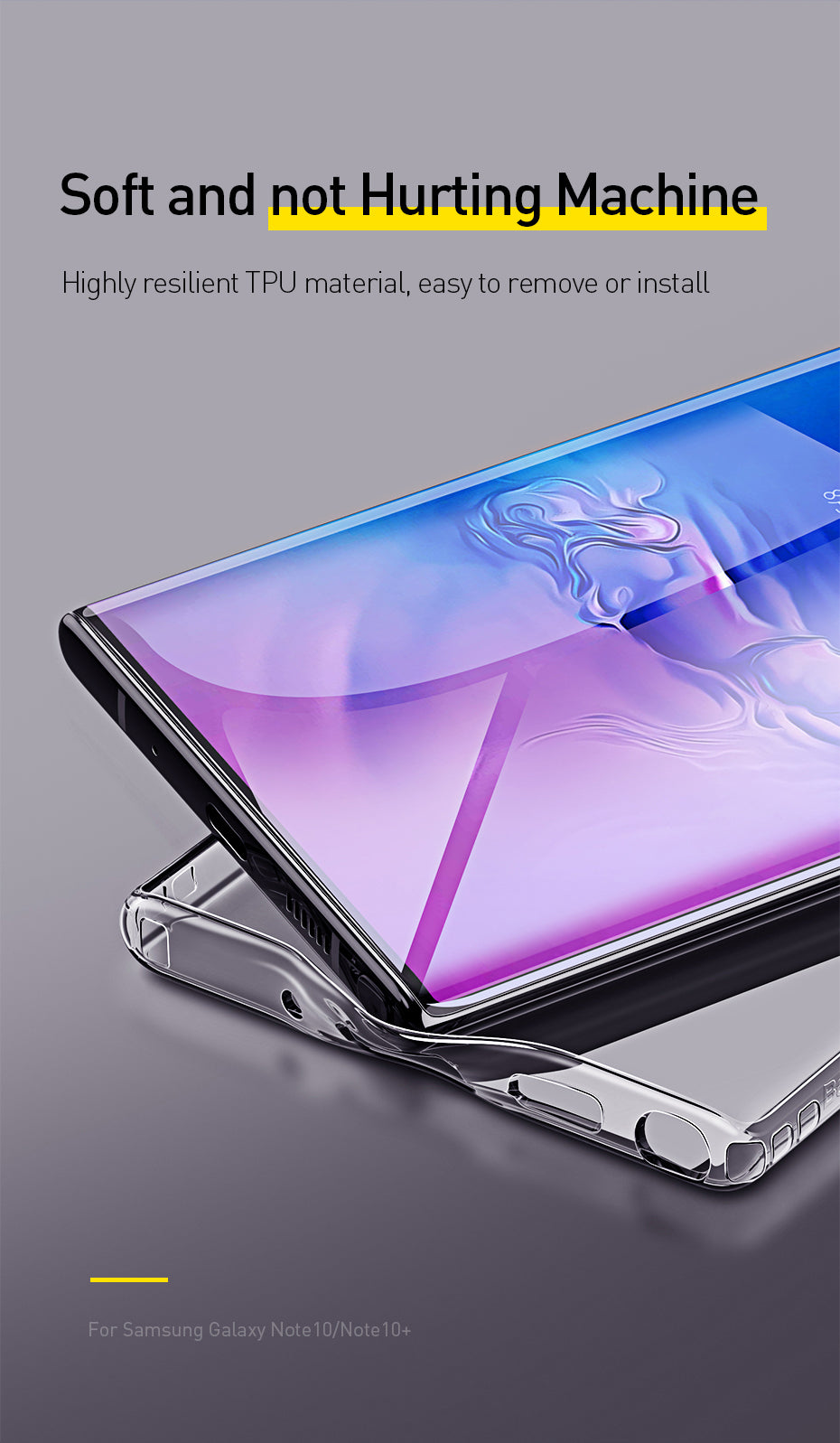 Transparent Baseus Simple Series TPU case for Samsung Galaxy Note 10+ with anti-fall protection, designed by Smartkoshk.