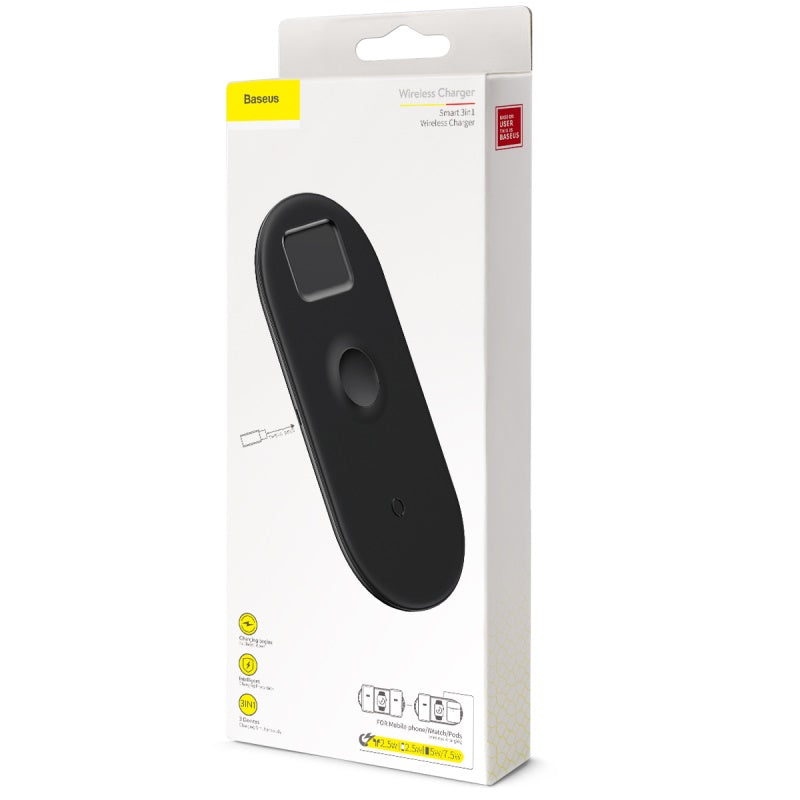 Smartkoshk Baseus Smart 3-in-1 wireless charger for iPhone, Apple Watch, and AirPods in black, showing the multi-device charging station.