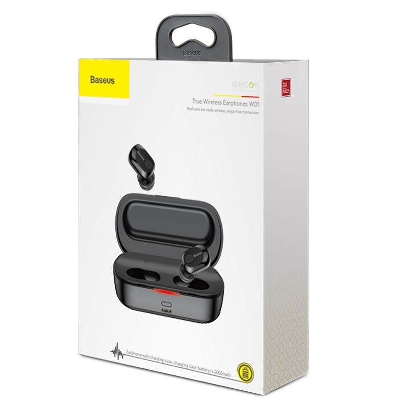 Smartkoshk Baseus W01 TWS Bluetooth 5.0 earphones with sweat resistance, 6-7 hour playback, and a 2000mAh external charging box in black.