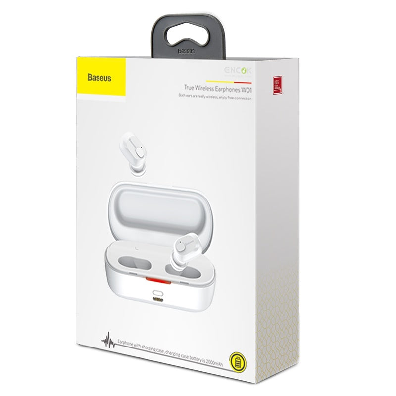Baseus W01 TWS 3D stereo wireless earbuds in white with Bluetooth v5.0, waterproof IPX5, and 6-7 hour battery life.