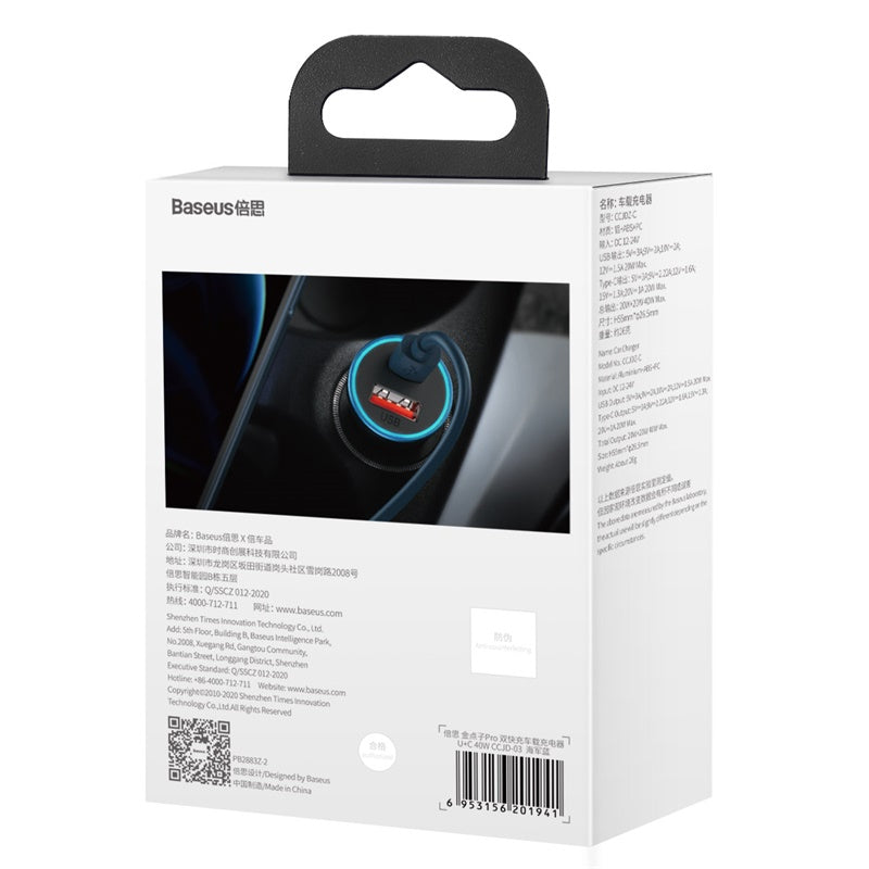 Baseus Golden Contactor Pro Dual Fast Car Charger U+C 40W - Blue