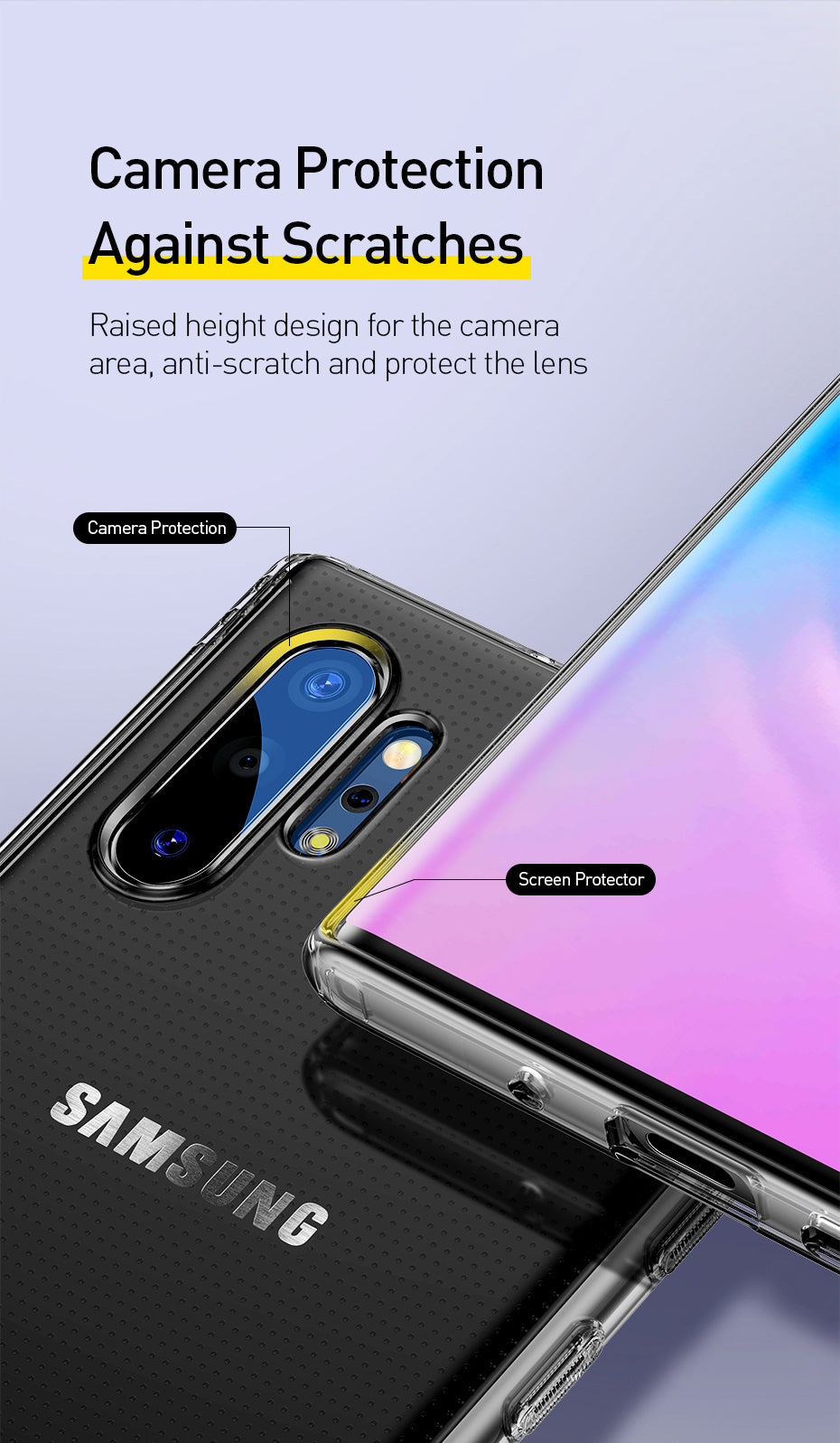 Transparent TPU case for Samsung Galaxy Note 10+ from Baseus Simple Series, designed for anti-fall protection and clear visibility.