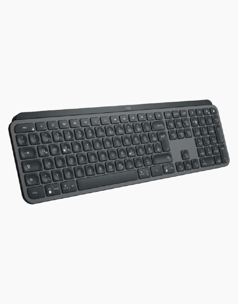 Logitech MX Keys Advanced Wireless Illuminated Keyboard in graphite with sleek design and backlit keys on a desk.