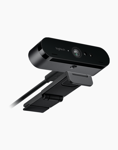 Logitech 4K Webcam BRIO Stream Edition in black, featuring a sleek design and high-resolution lens for streaming.