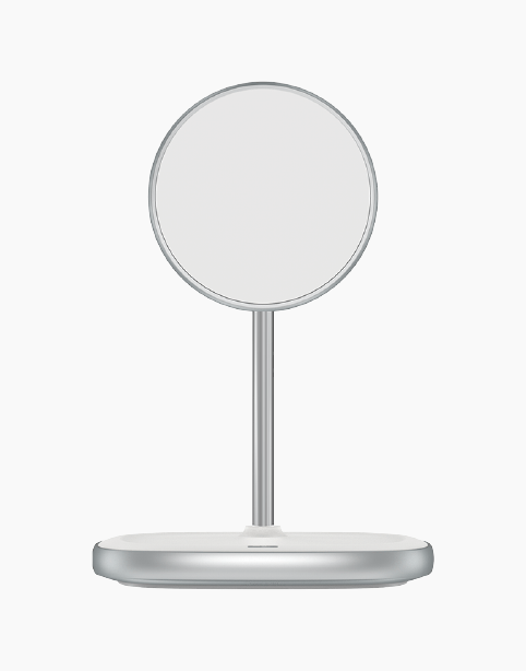 Baseus Swan Magnetic Desktop Bracket Wireless Charger mounted on a desk with a smartphone attached for charging.