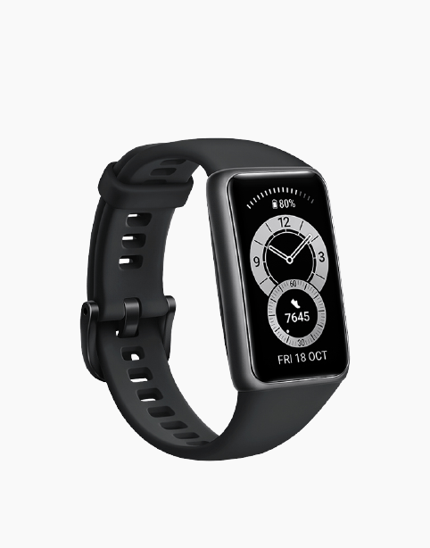 Huawei Band 6 fitness tracker with 1.47-inch AMOLED screen, black color, featuring SpO2 oxygen measurement and sleek design.