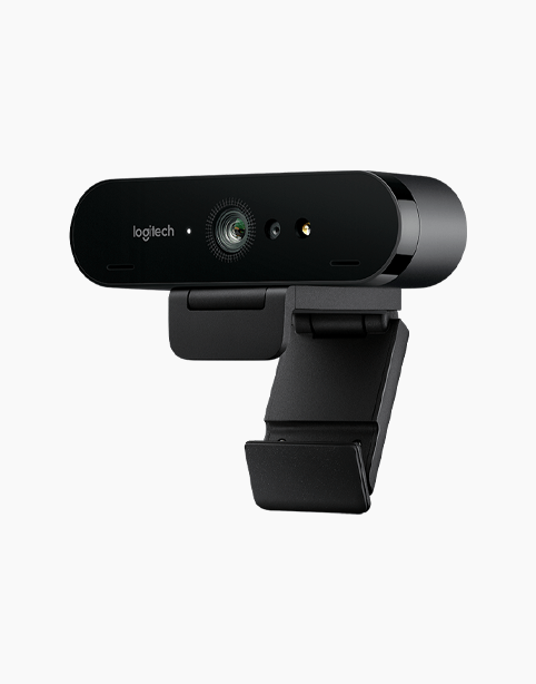 Logitech 4K Webcam BRIO Stream Edition in black, showcasing its sleek design and adjustable lens.