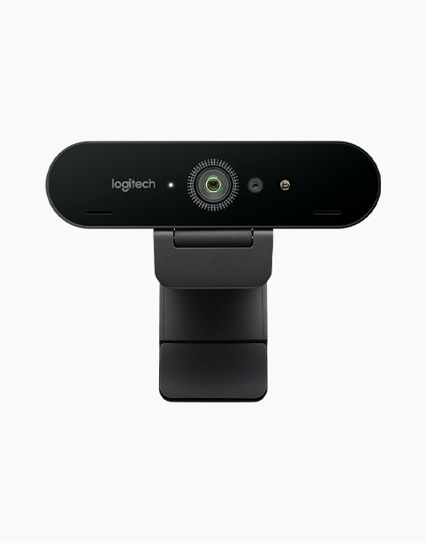 Logitech 4K Webcam BRIO Stream Edition in black, showcasing its sleek design and advanced lens for high-quality streaming.