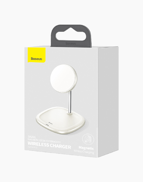 Baseus Swan Magnetic Desktop Bracket Wireless Charger with sleek design and magnetic phone holder on a modern workspace.