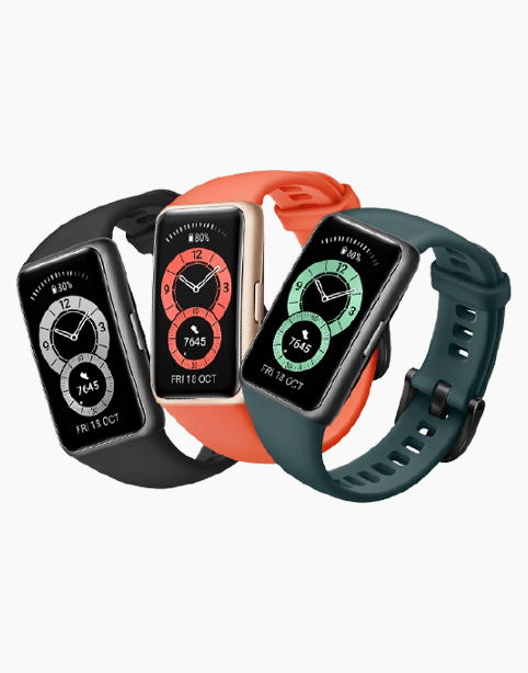 Huawei Band 6 fitness tracker with 1.47-inch AMOLED screen, black color, showing SpO2 oxygen measurement feature.