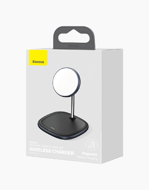 Baseus Swan magnetic desktop bracket wireless charger with sleek design and adjustable arm for convenient device charging.