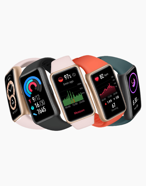 Huawei Band 6 fitness tracker with 1.47-inch AMOLED screen, black color, showing SpO2 oxygen measurement feature.