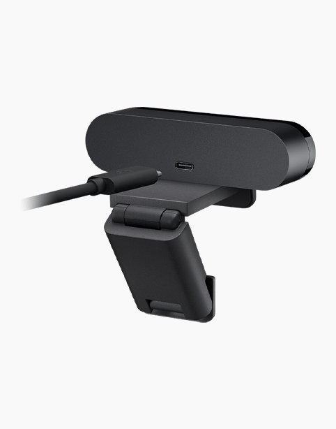 Logitech 4K Webcam BRIO Stream Edition in black, showcasing a sleek design and high-resolution lens.