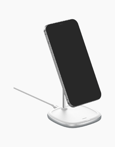 Baseus Swan Magnetic Desktop Bracket Wireless Charger mounted on a desk with a smartphone attached for charging.