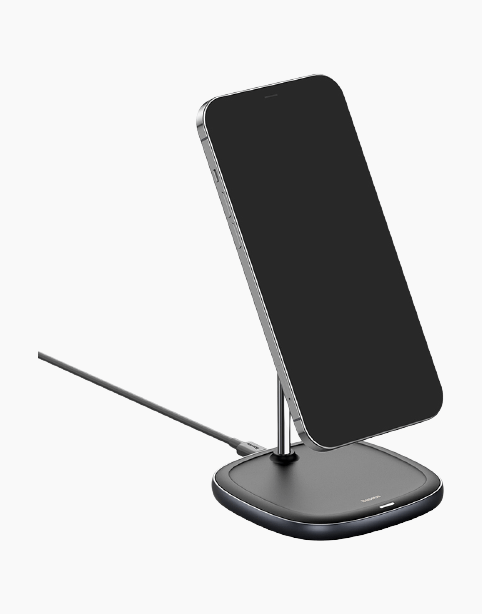 Baseus Swan Magnetic Desktop Bracket Wireless Charger mounted on a desk with a smartphone attached for charging