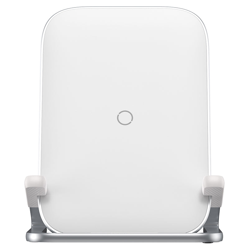 White Baseus Rib 15W Fast Wireless Charger with sleek design and charging pad for compatible devices.