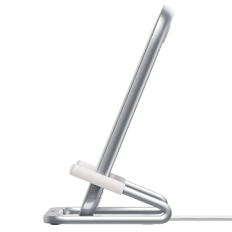 Baseus Rib 15W fast wireless charger in white, showing the sleek, round charging pad with LED indicator light.