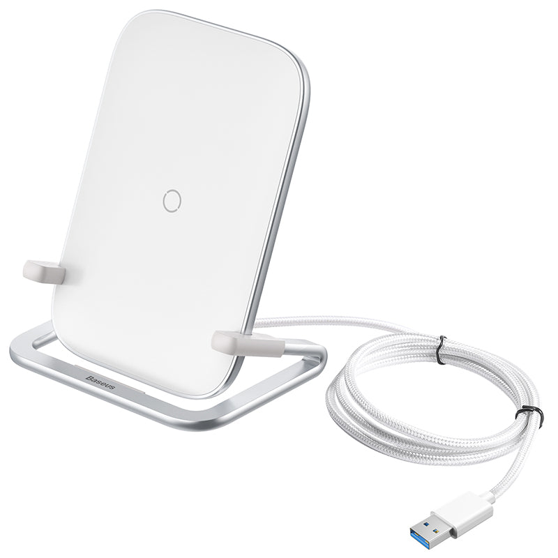 Baseus Rib 15W fast wireless charger in white with a sleek rectangular design and textured surface for easy charging.