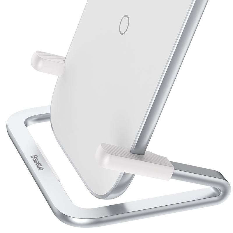 Baseus Rib 15W fast wireless charger in white, showing the sleek round design and charging surface for compatible devices.