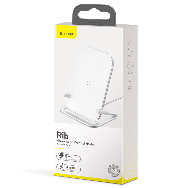 White Baseus Rib 15W fast wireless charger with a sleek design and charging pad for compatible smartphones.