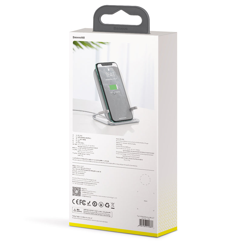 Baseus Rib 15W fast wireless charger in white with sleek design and charging pad, suitable for smartphones.