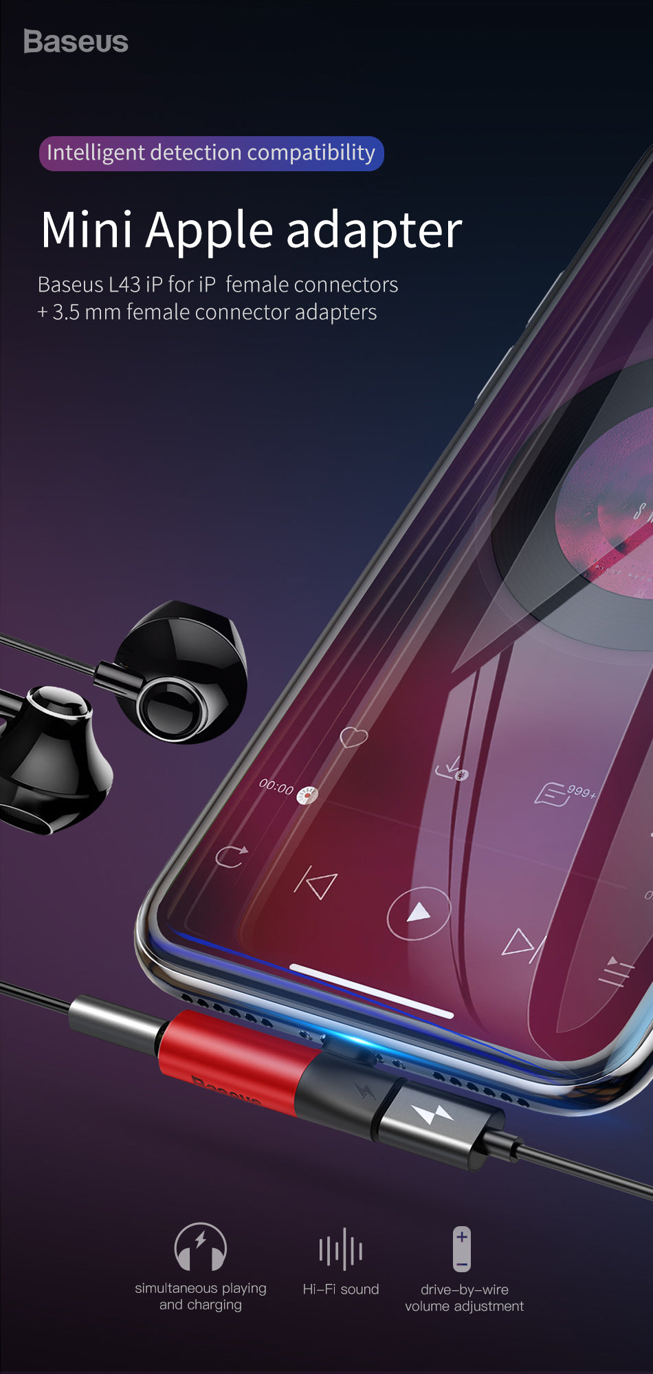 Baseus L43 iPhone Converter to iP &amp; 3.5mm audio jack Red