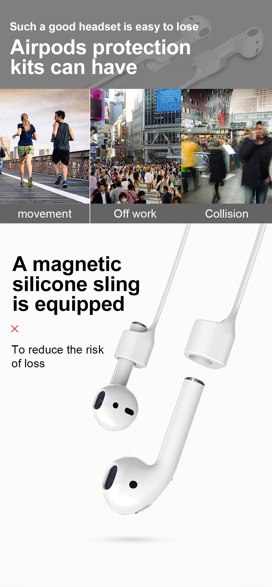 Baseus AirPods Silicone Case + Magnetic Anti Lost Strap, Anti Shocks light Gray