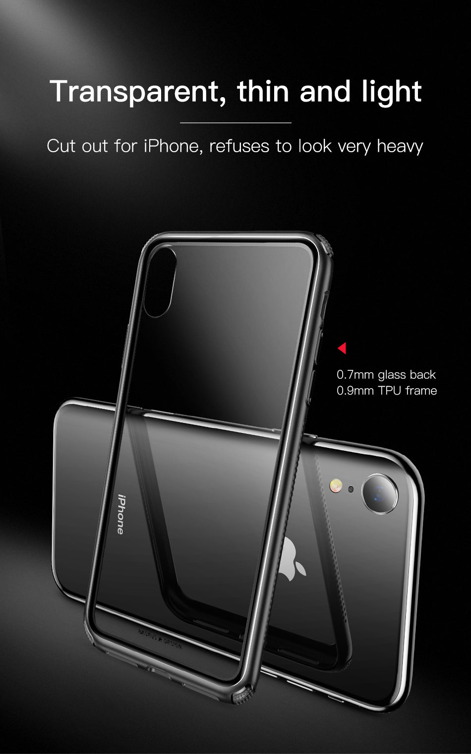 Clear see-through glass back and bumper frame for iPhone XR in white by Baseus, shown on a sleek phone with protective design.