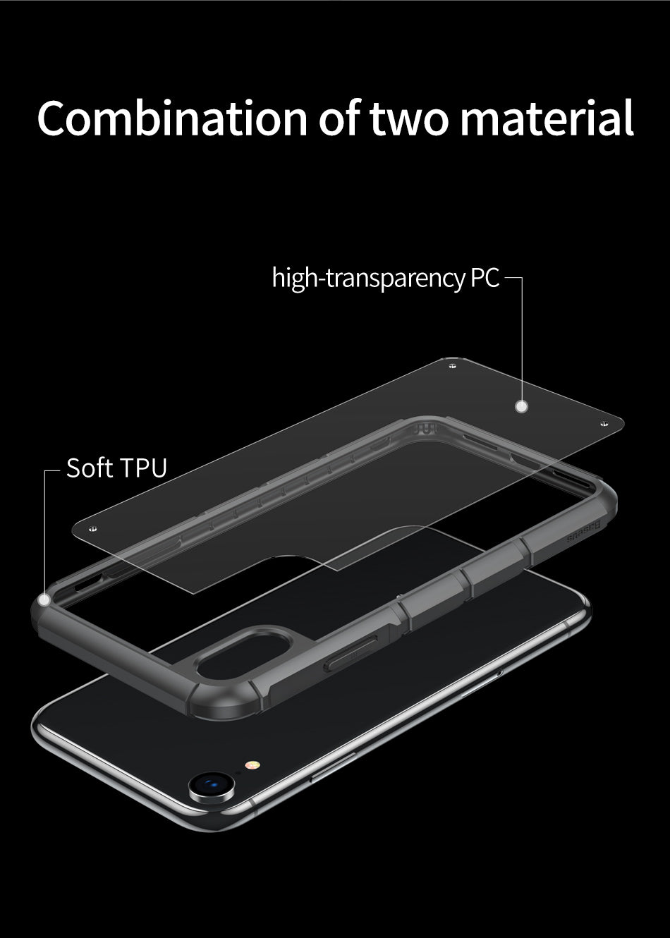 Baseus Panzer Trans. Back case with anti-shock frame for iPhone XR in black, showing durable protective design and sleek finish.