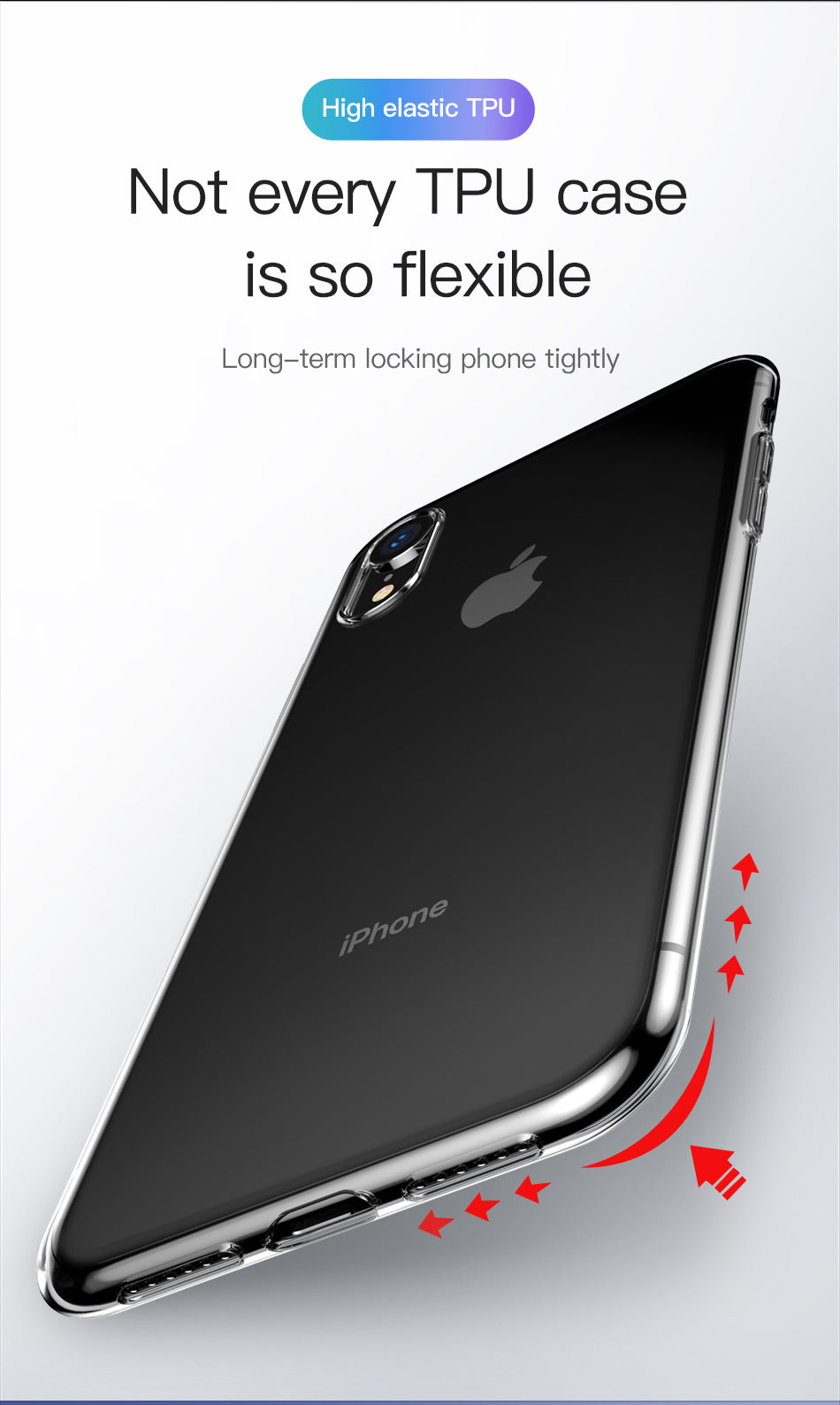 Clear TPU phone case for iPhone XR by Baseus, slim and transparent, showcasing the phone's design with soft, flexible material.