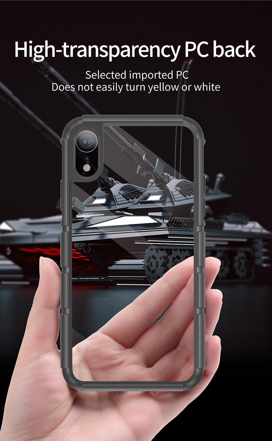 Black Panzer by Baseus transparent iPhone XR case with anti-shock frame and reinforced edges for protection.