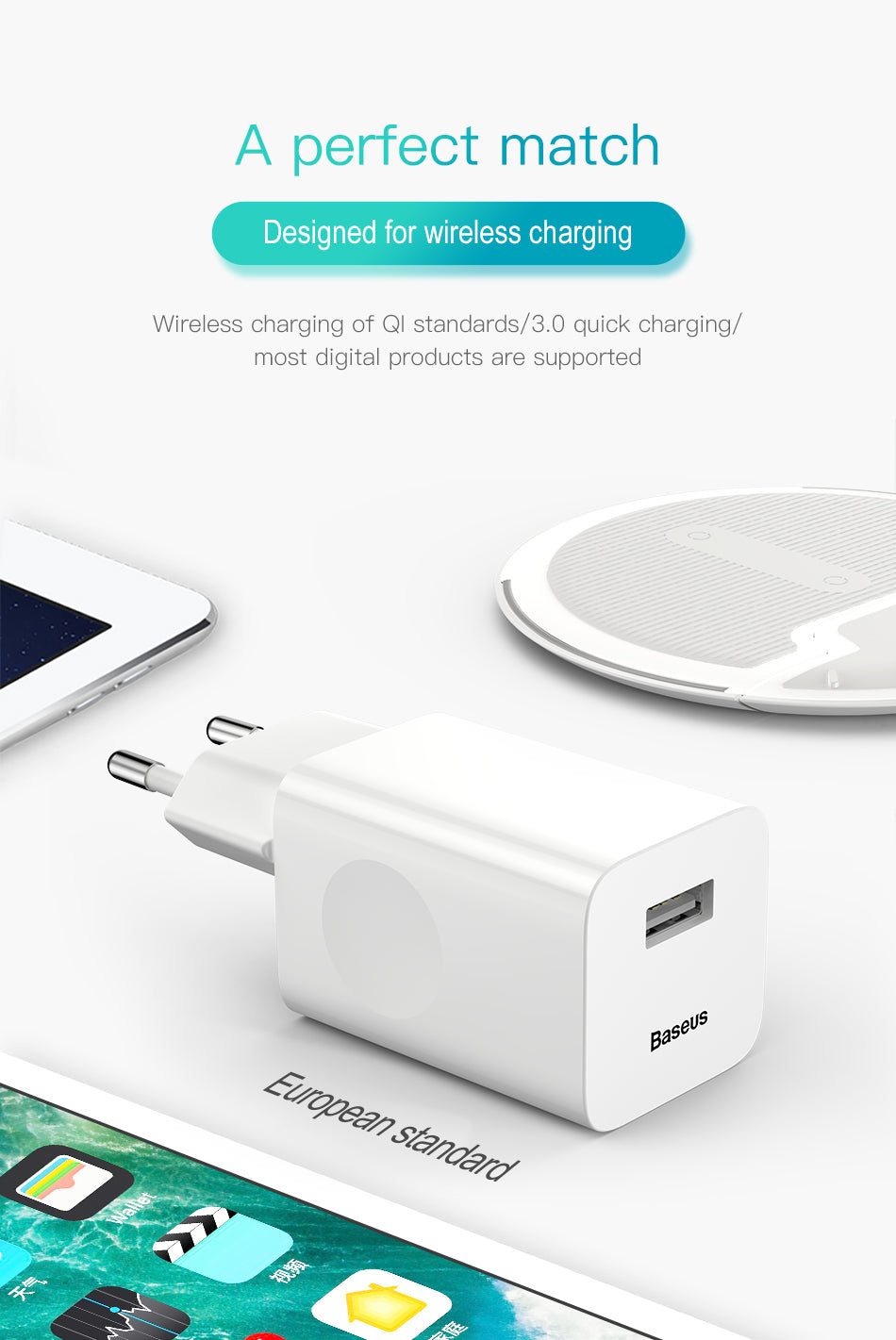 Baseus 24W Quick Charge 3.0 USB Charger AC Adapter White