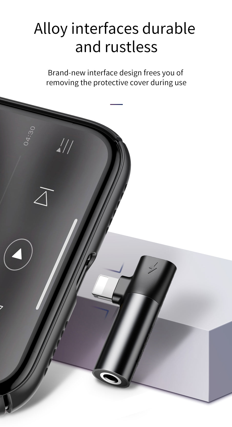 Baseus L43 iPhone converter in silver with Lightning and 3.5mm audio jack for connecting headphones to iPhones.