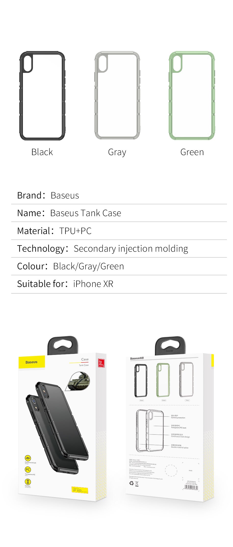 Black Panzer By Baseus iPhone XR transparent back case with anti-shock frame and protective features.