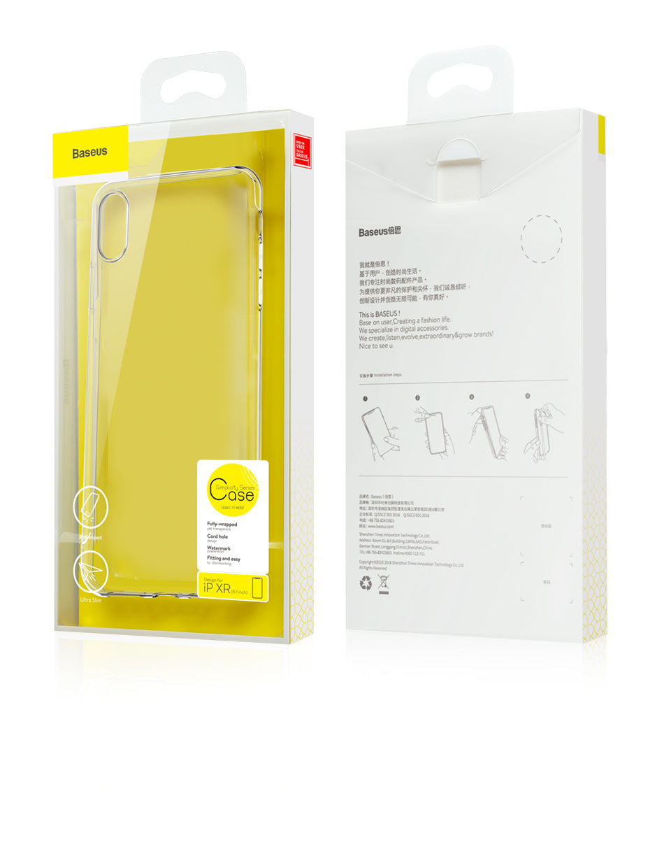 Clear TPU phone case by Baseus for iPhone XR, slim and transparent, showcasing the phone's design.