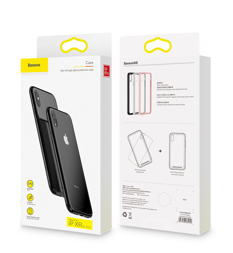 Clear see-through glass back and bumper frame for iPhone XR in white, designed by Baseus, shown on a smartphone.