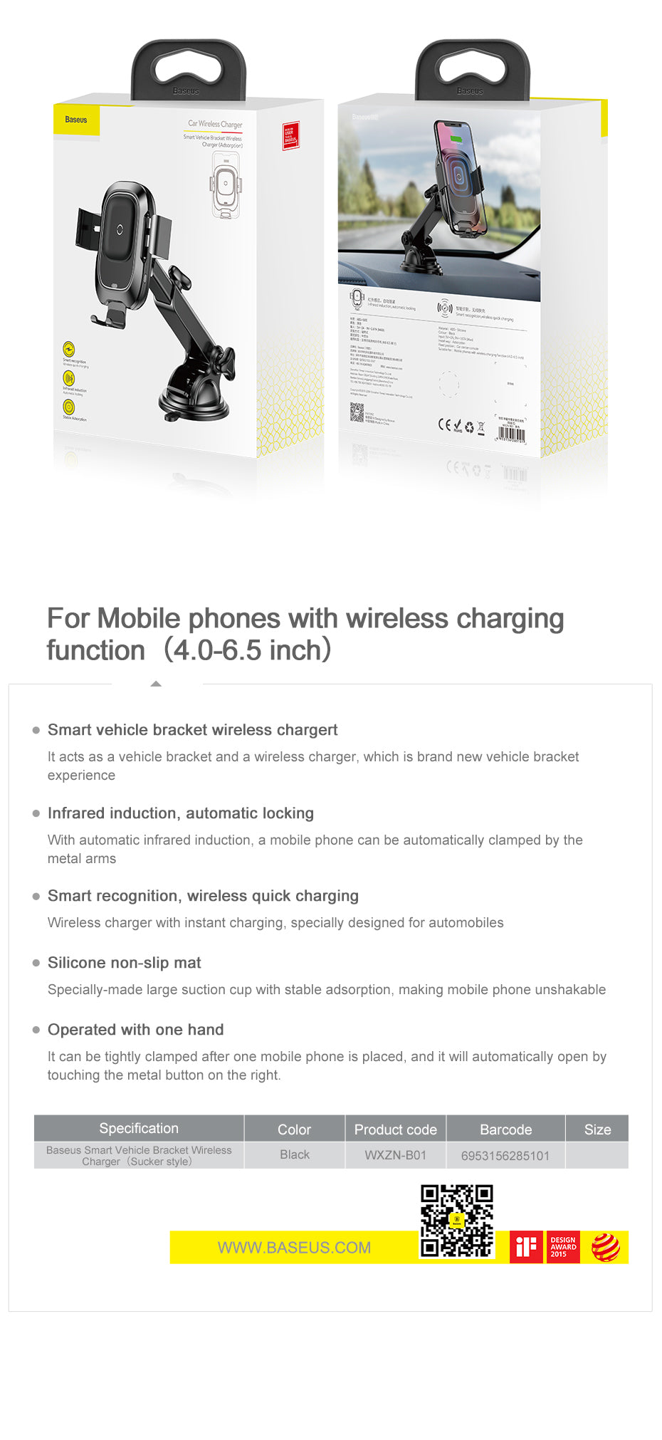 Smart Sensor Wireless Car Holder By Baseus 10W Fast Wireless Charging