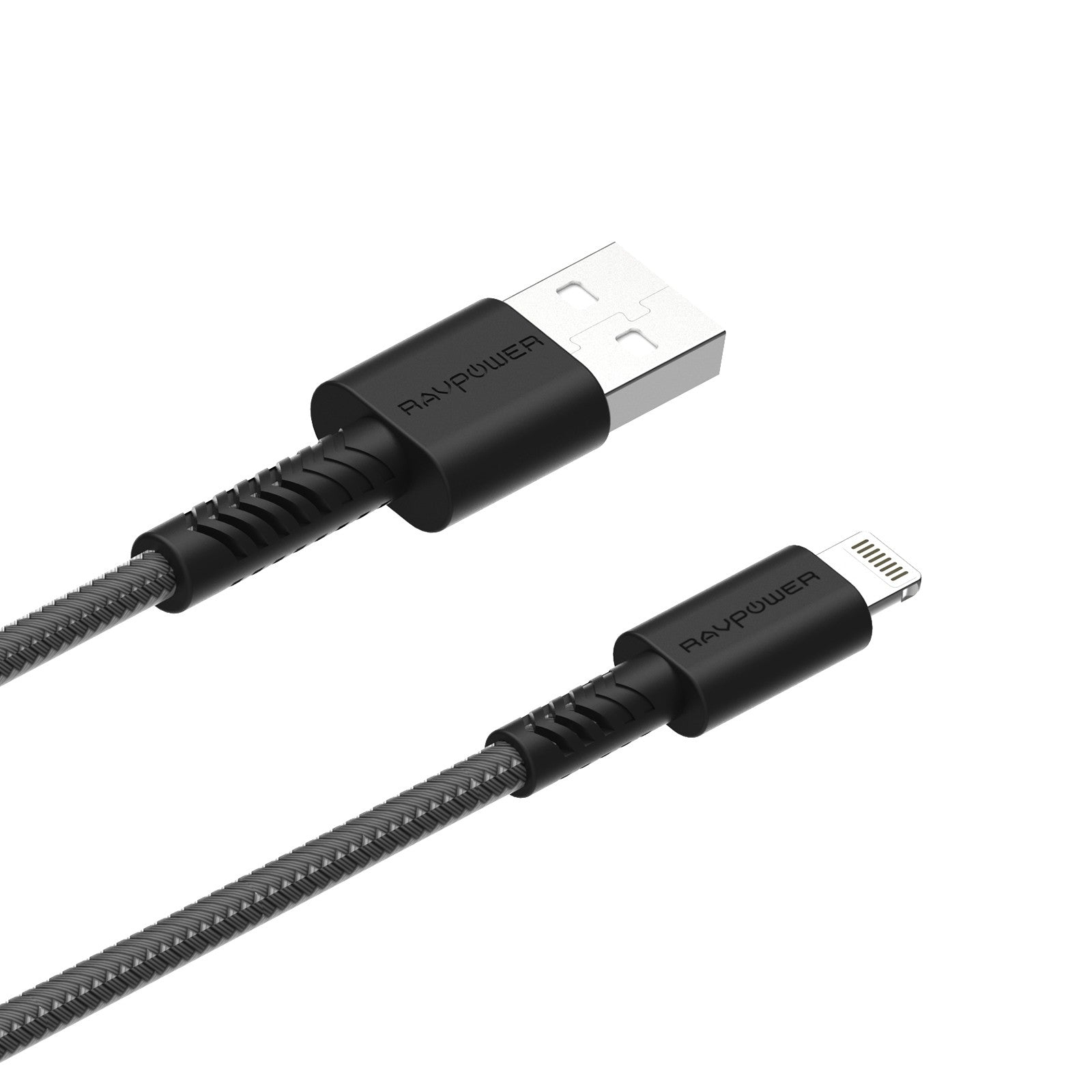 Ravpower Rp-CB042 MFI 2m anti-cut cable for iPhone, showcasing durable design and reinforced connectors.