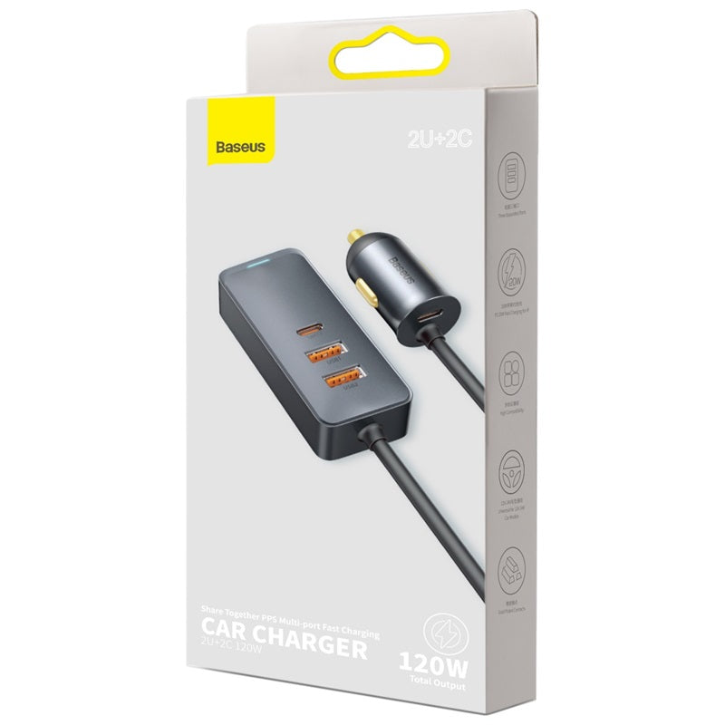Baseus Share Together PPS multi-port Fast charging car charger with extension cord 120W 2U+2C Gray