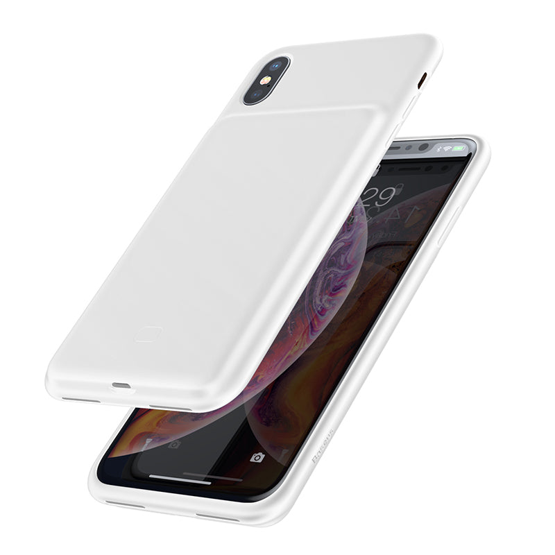 White Baseus Liquid Silicone Smart Power Case with 3300mAh for iPhone X/XS, featuring a sleek silicone design and integrated charging port.