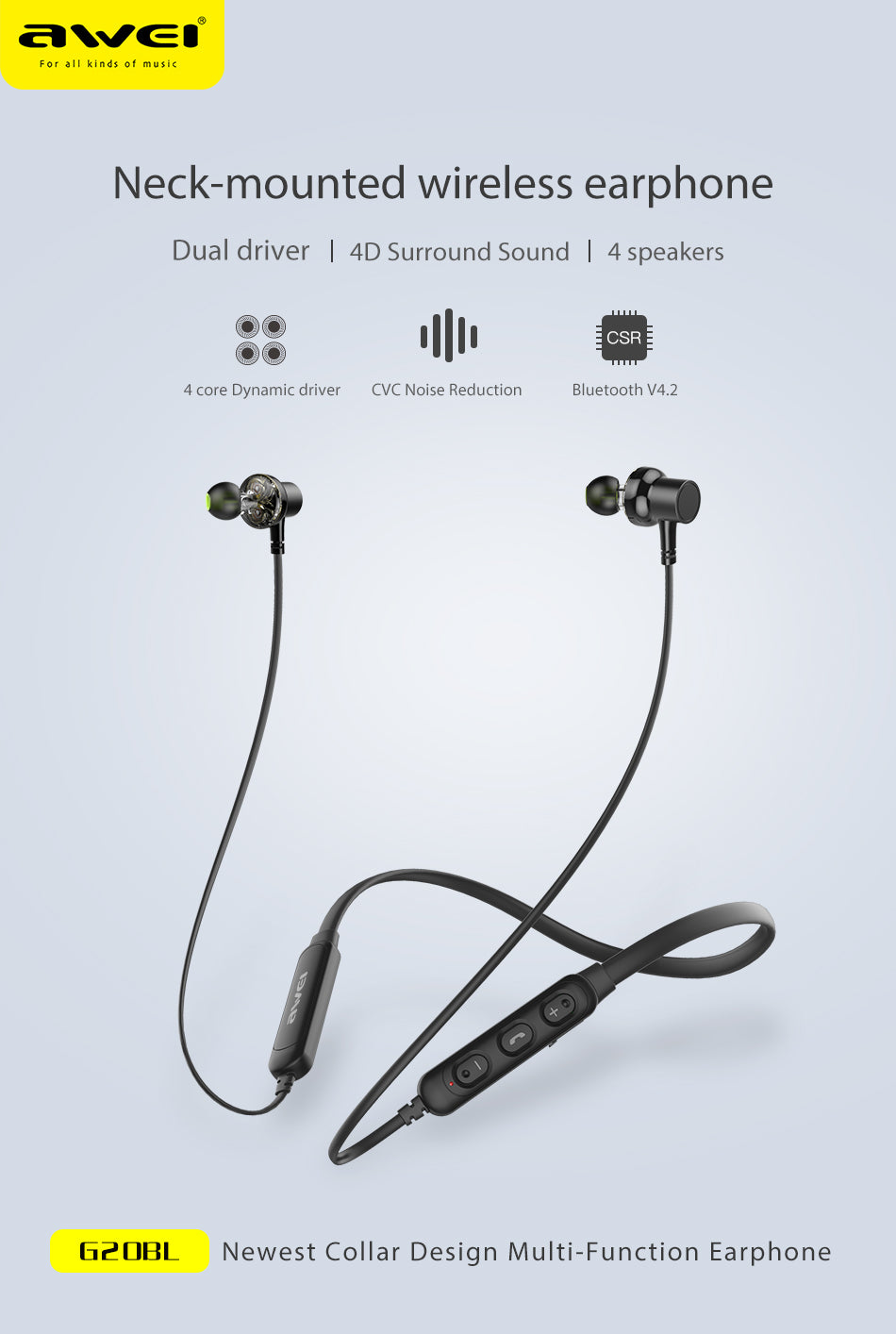 AWEI G20BL Wireless Headphone Dual Driver, 3D Stereo &amp; Magnetic