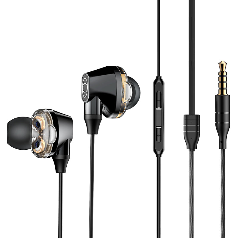 Encok H10 dual moving-coil wired control headset in black with inline microphone and volume controls on the cord.
