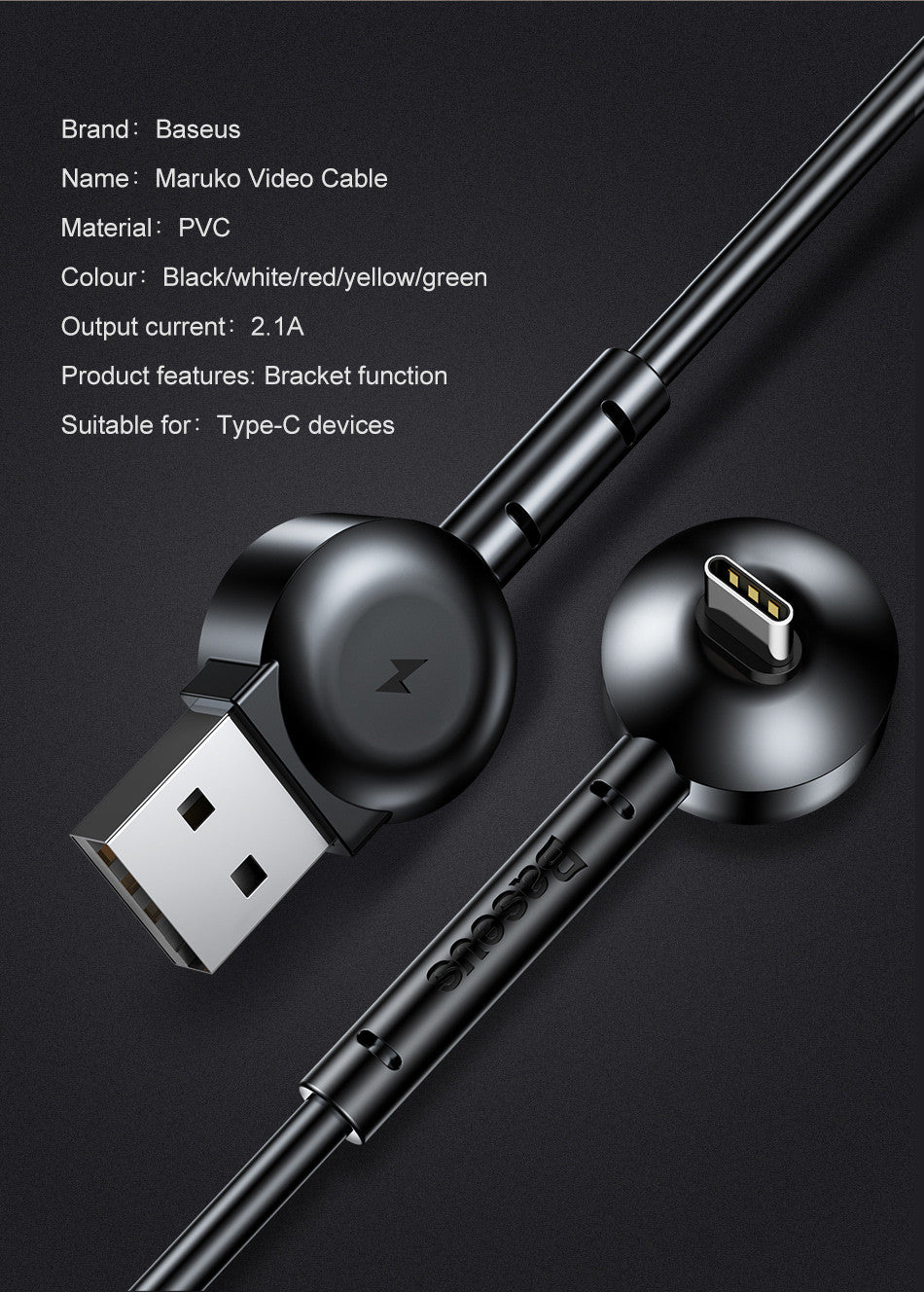 Maruko By Baseus Type-C Charging And Video Stand Cable - Black