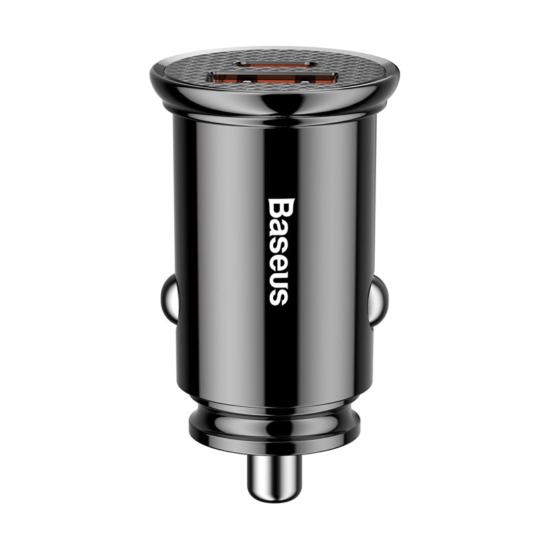 Smartkoshk Circular car charger with dual USB ports and Type C PD, compact design, 30W power output for fast charging.