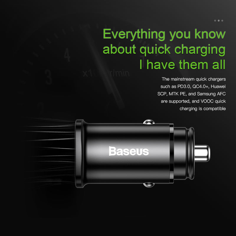 Square من باسيوس شاحن سيارة ميتال بمخرجين USB 30 وات + Type C PD سيلفر