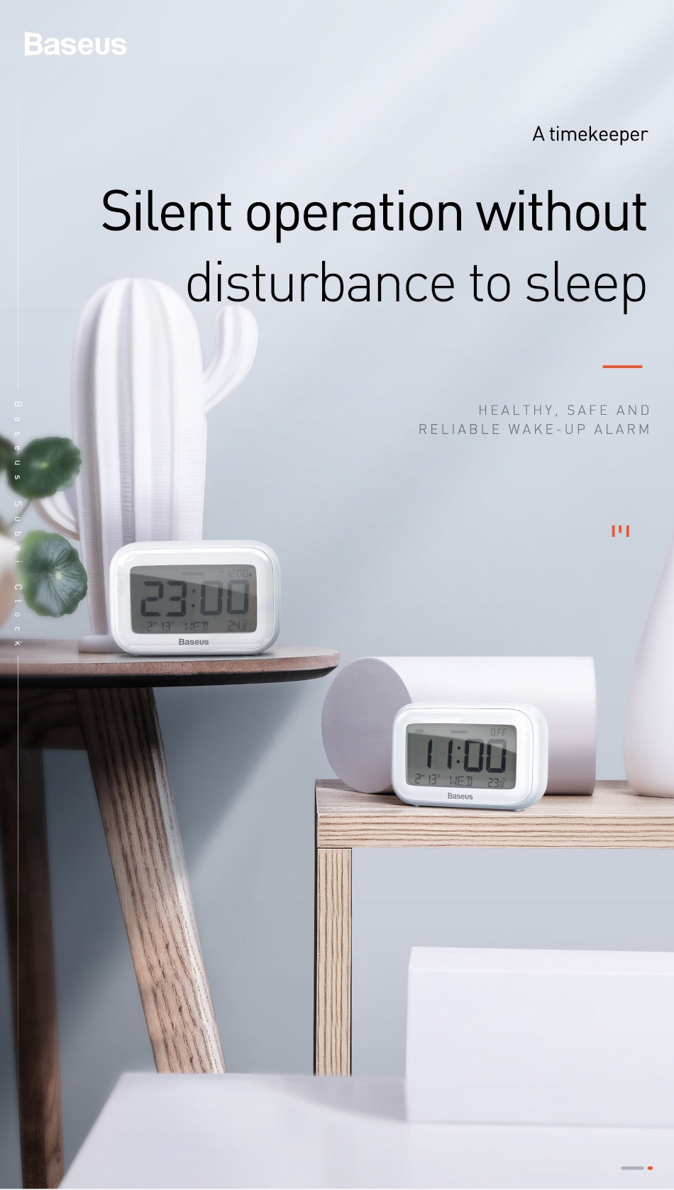 Smartkoshk Subai من بيسوس smart alarm clock with LCD display showing time, date, and temperature in a sleek design.
