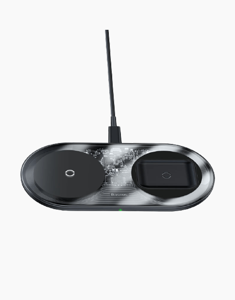 Baseus Simple 2in1 Wireless Charger Pro Edition with transparent design for phones and AirPods, featuring dual charging pads.